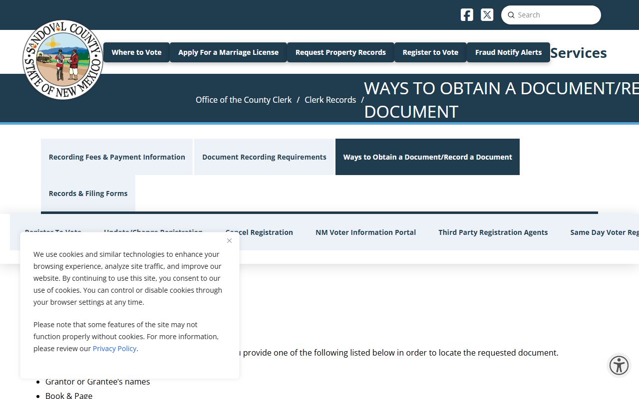 Sandoval County Clerk of Court document request and recording page