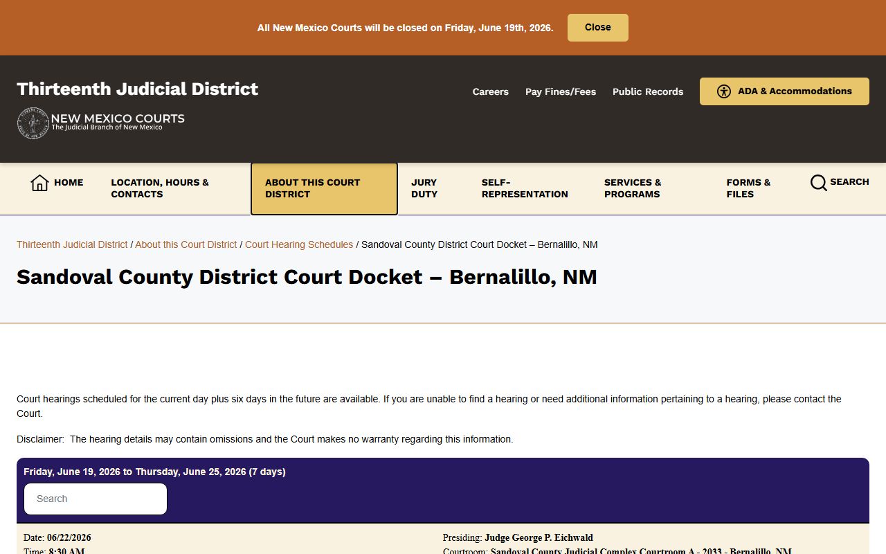 Sandoval County court dockets District Court hearing schedule