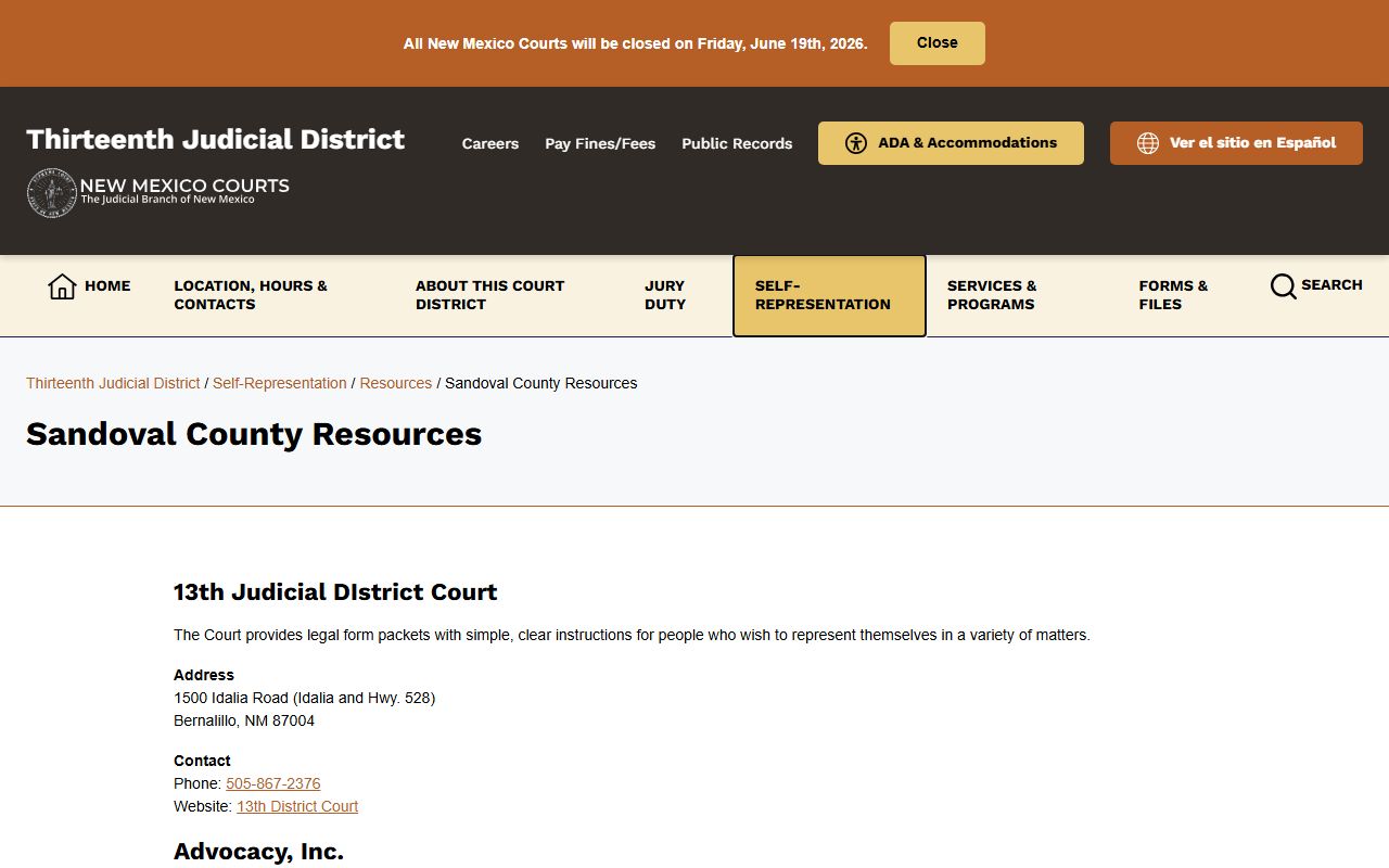 Sandoval County District Court records self-help resources page