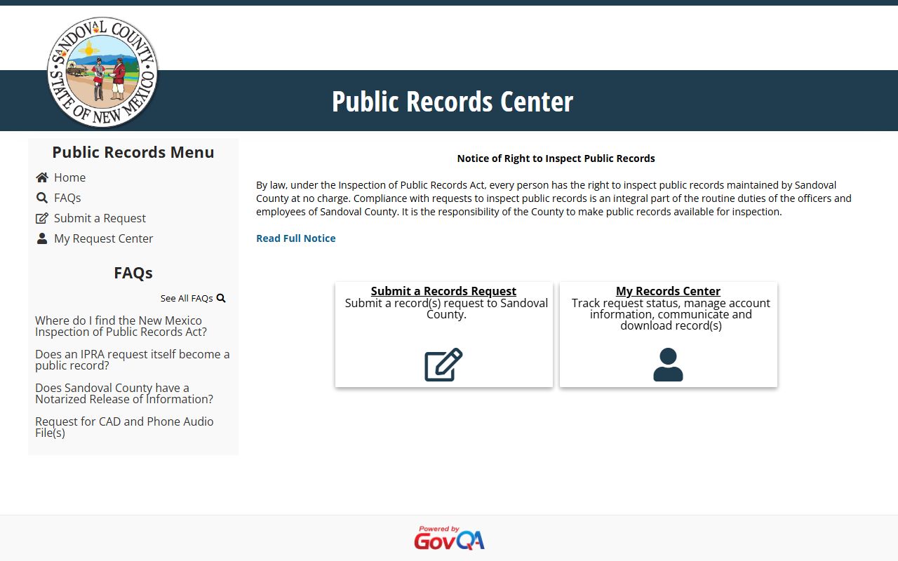 Sandoval County inmate records GovQA public records portal