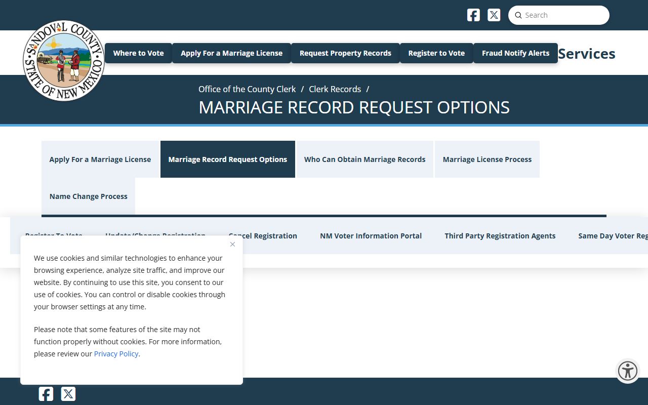 Sandoval County marriage records request options page